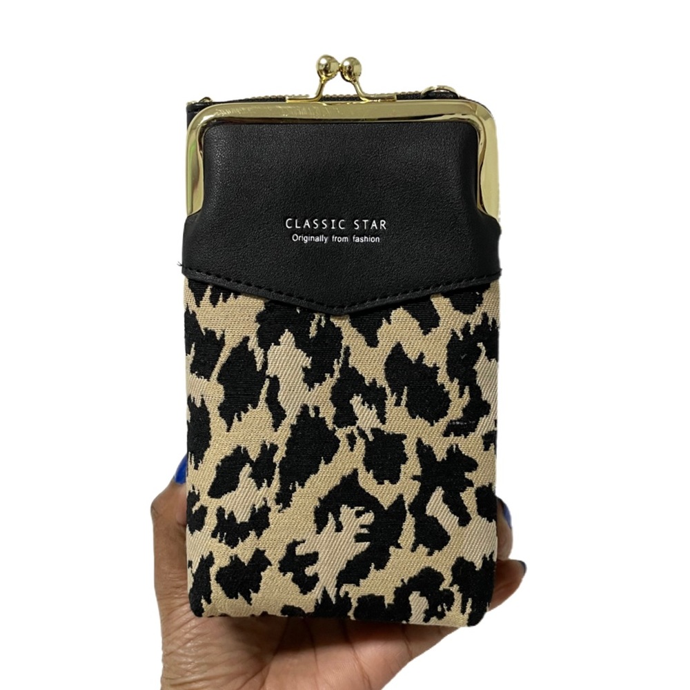 Classic Leopard Print Phone Wallet in Black & Beige with Gold Hardware
